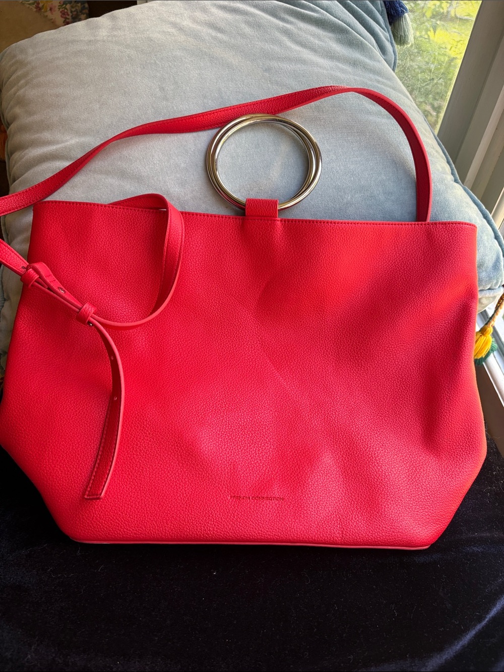 French Connection Coral-Red Tote with Silver Ring Detail